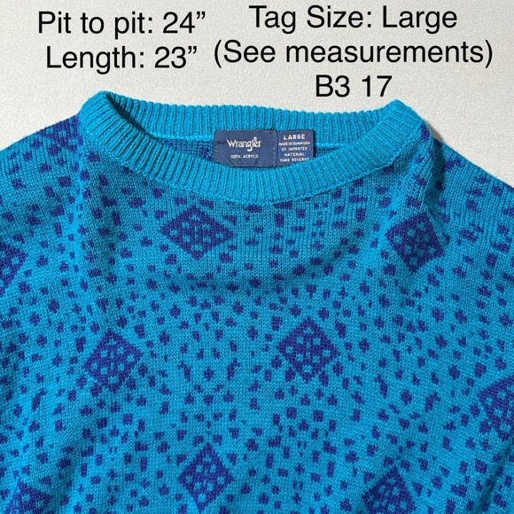 Vintage Wrangler‎ Turquoise Blue Geometric Print Knit Sweater Large - Picture 4 of 5